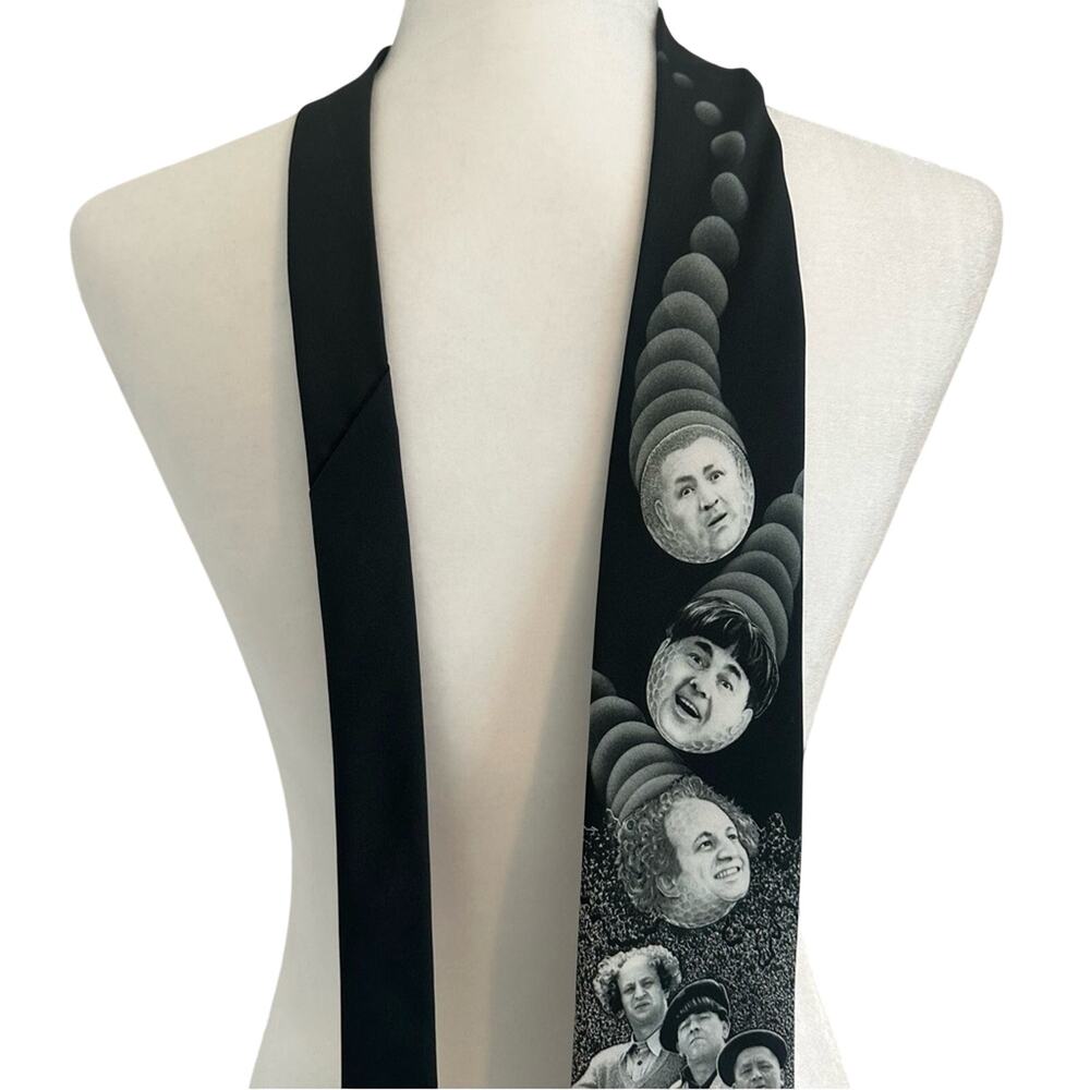 Vintage Golfing Stooges Necktie Black Novelty Tie Graphic Faces 58”